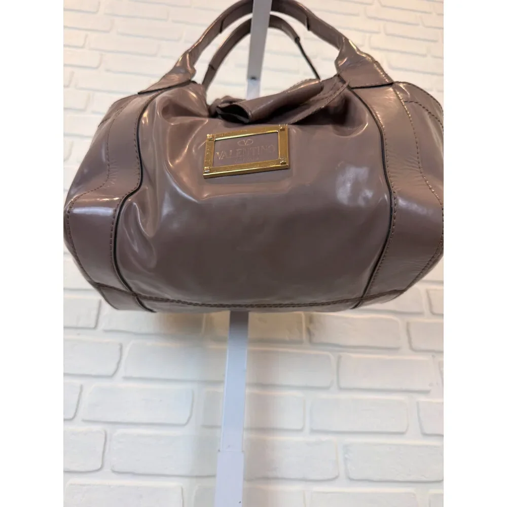 Valentino Garavani Bow Tote Taupe Patent Leather Shoulder Bag